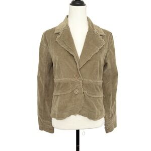 Y2k ASHLEY Corduroy Button Front Cropped Jacket Distressed Raw Hem‎ Tan Women